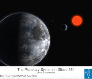 Schets van Gliese 581 c op de voorgrond